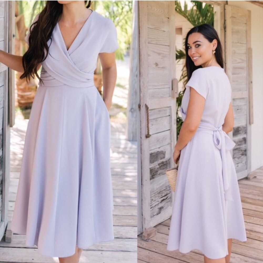 Gal Meets Glam Size 6 Seraphina Midi Dress Lavender Purple Short Sleeve Wrap